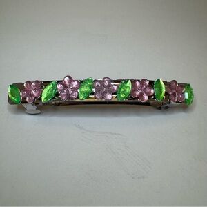 Hand Crafted Pink Floral and Green Leaf Hair Barrette
